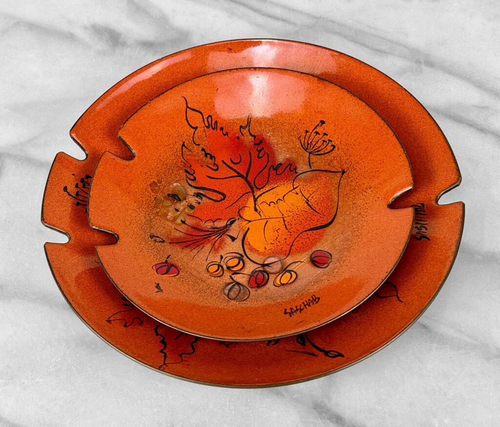 Mid Century Abstract Copper Orange Enamel Foliage Nesting Bowls A