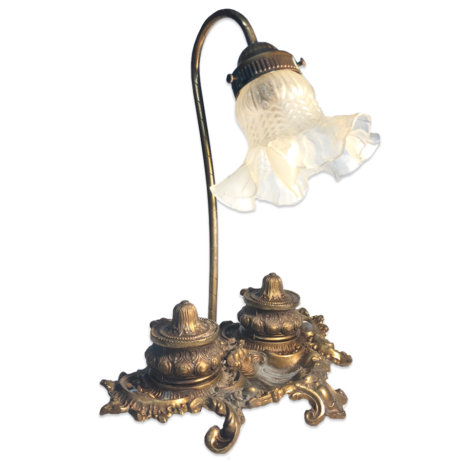 Antique Victorian Gooseneck Desk Lamp With Brass Ink Wells