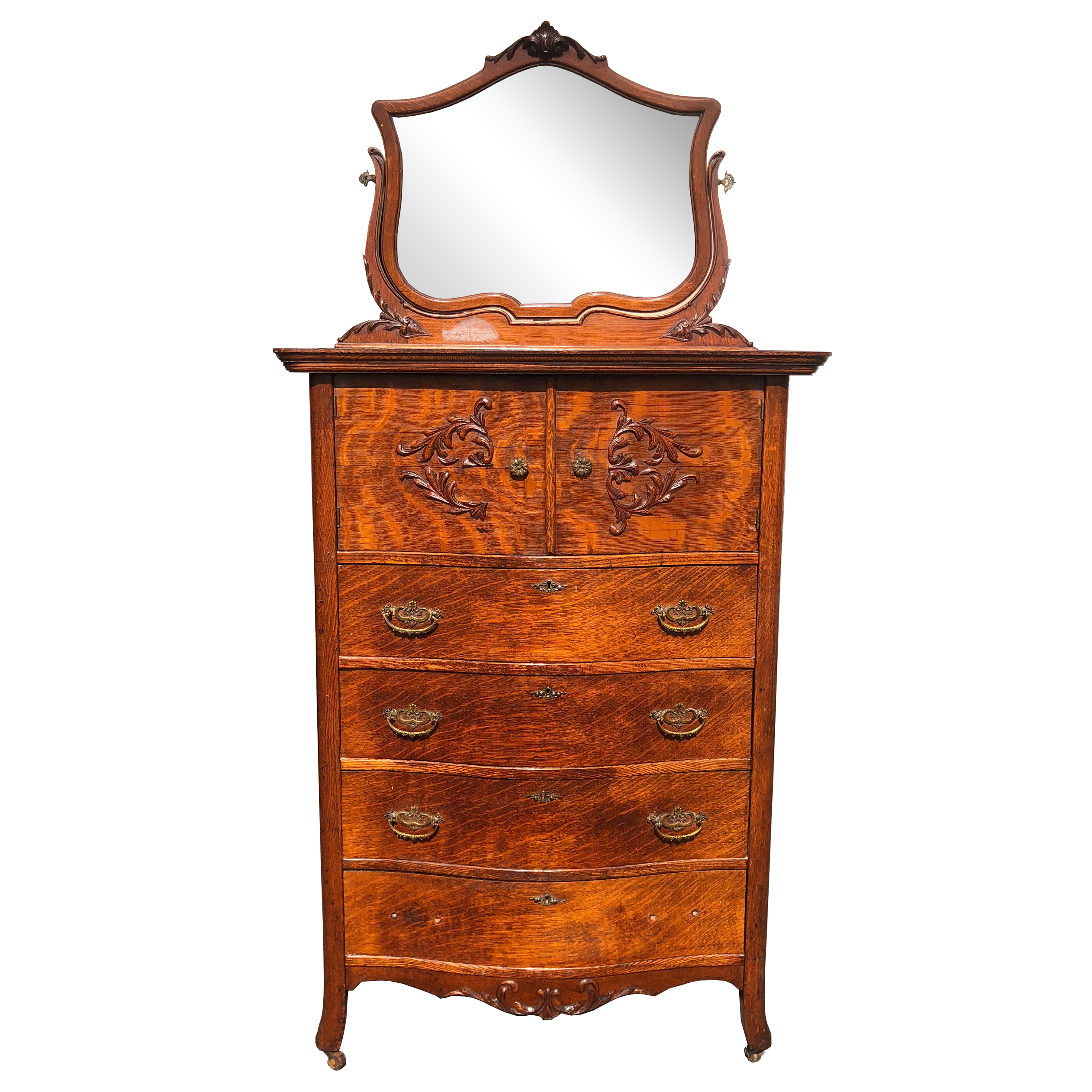 Antique Victorian Quartersawn Oak Serpentine Bonnet Chest Dresser