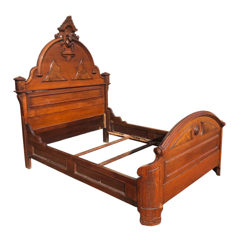 Antique Eastlake Victorian Heavily Carved Walnut Full Size Bed With