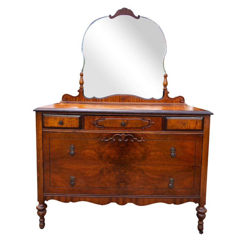 Antique Victorian Burl Walnut Carved Mirrored Dresser With Maple Accenting Scranton Antiques