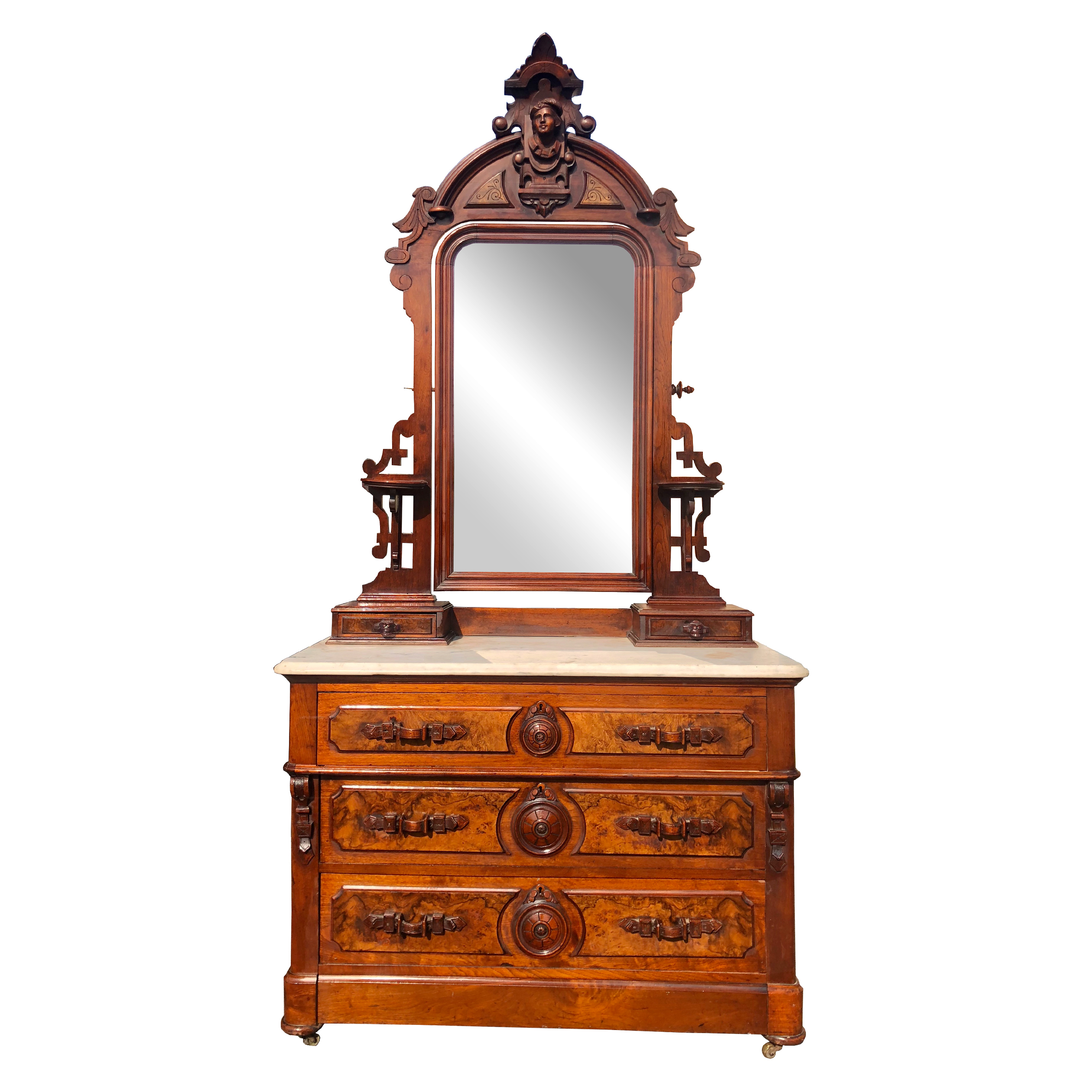 Antique Eastlake Victorian Heavily Carved Walnut Mirrored Dresser