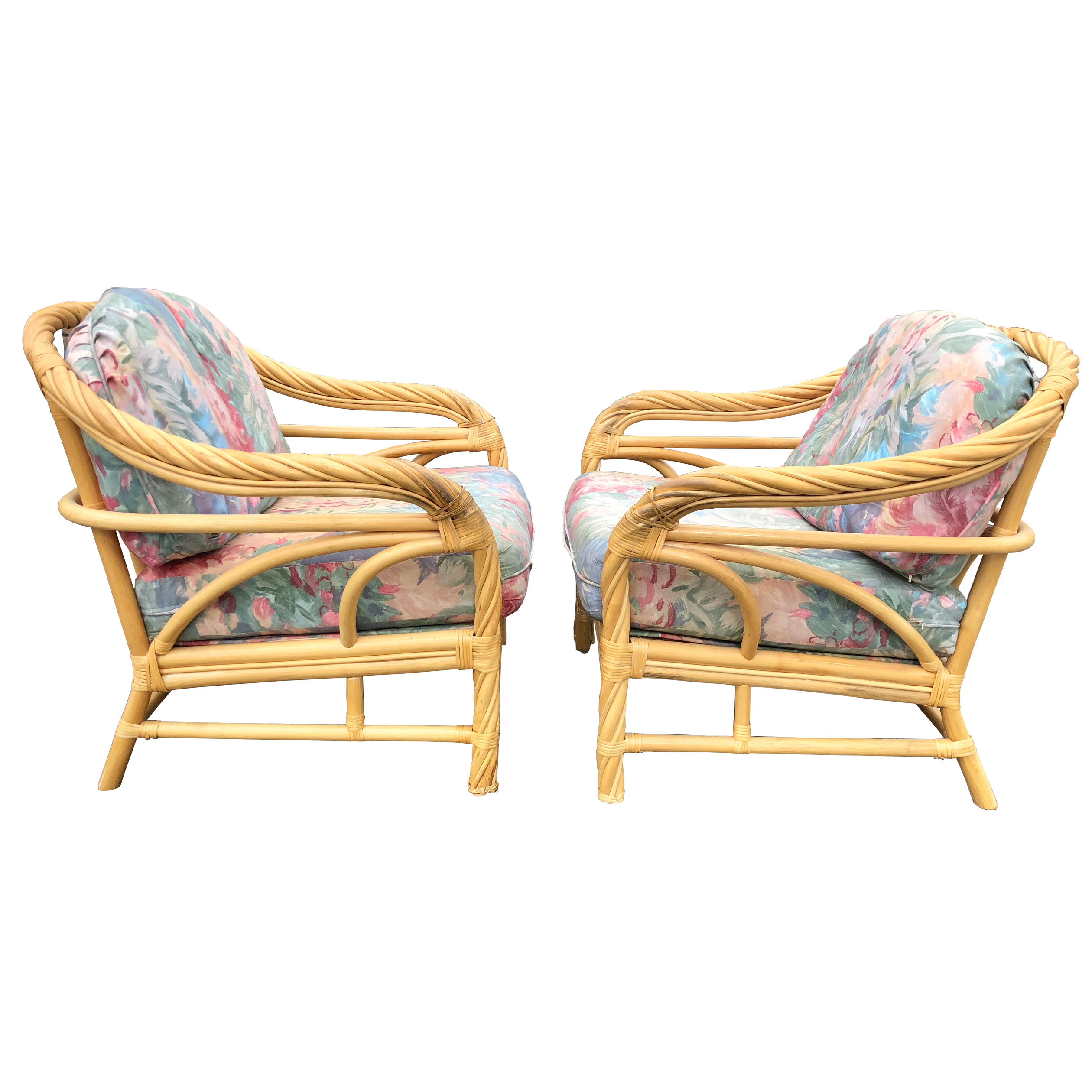 Vintage Twisted Rattan Patio Lounge Chairs with Floral Cushions A Pair
