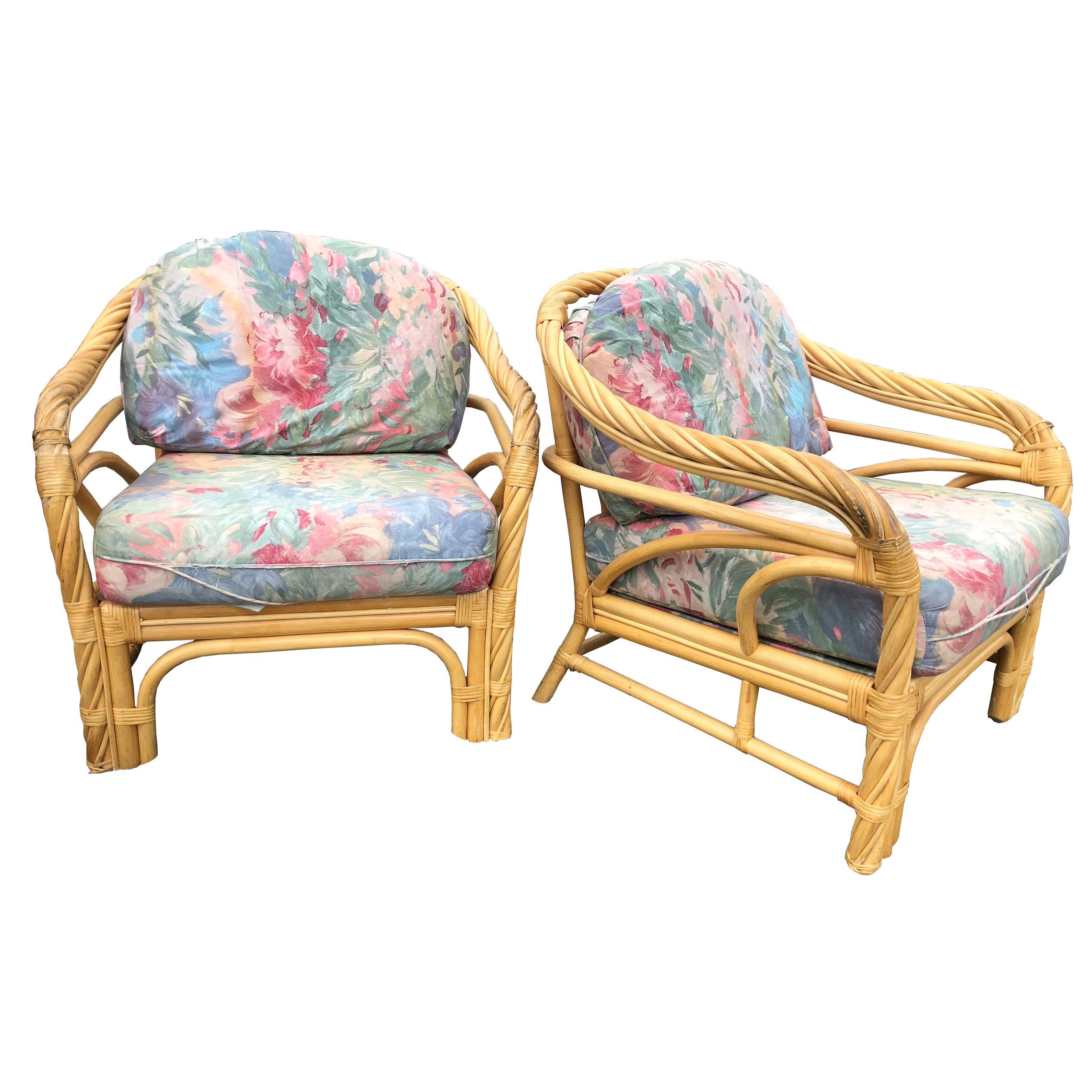 Vintage Twisted Rattan Patio Lounge Chairs With Floral Cushions A Pair