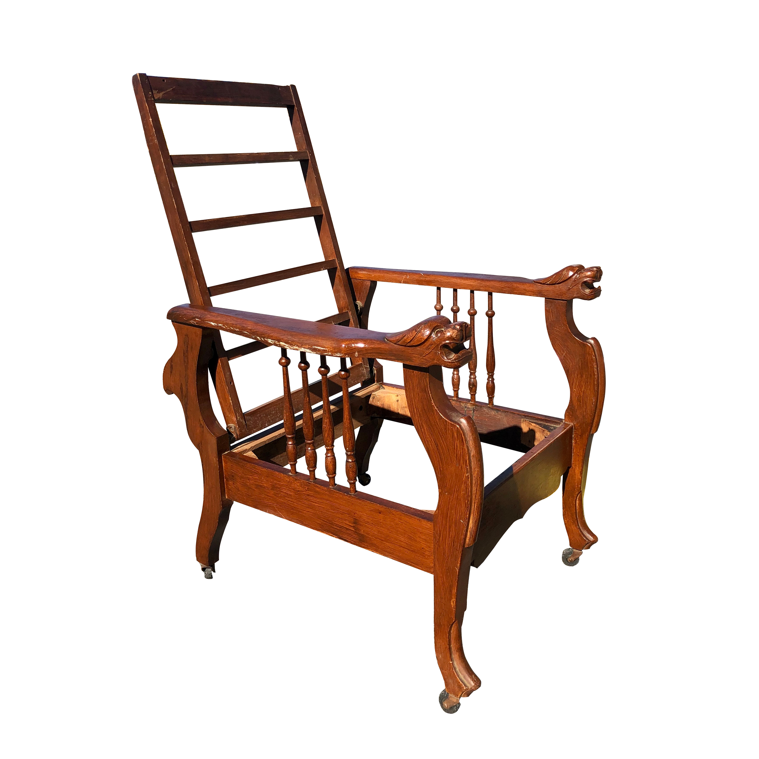 Antique Quartersawn Oak Reclining Morris Chair with Lion