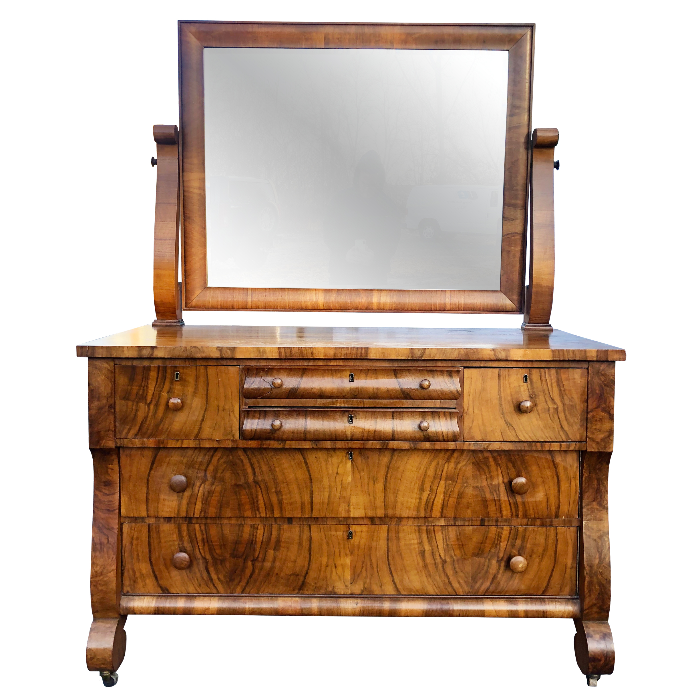 Antique American Empire Carved Burl Walnut Dresser With Mirror