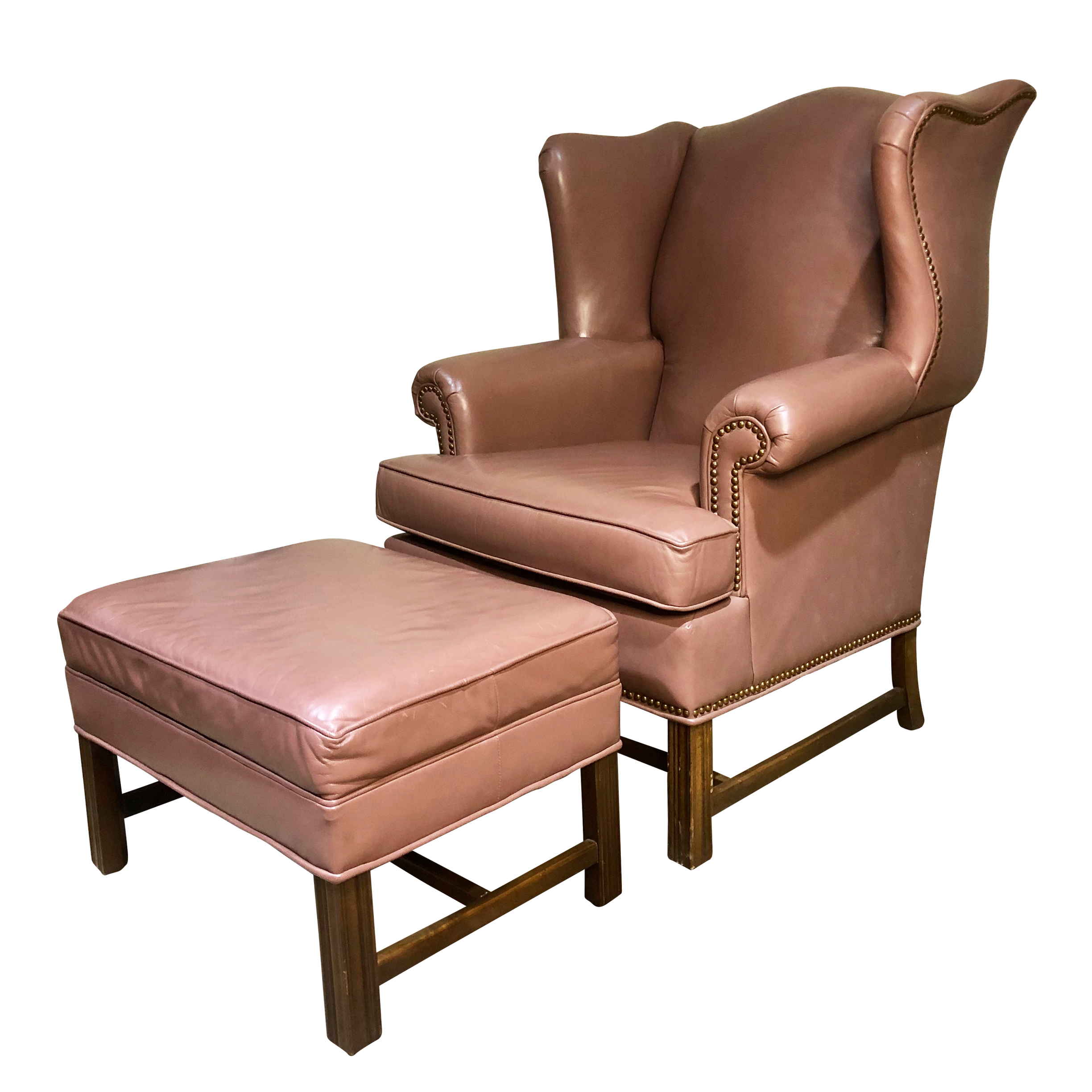 Vintage Top Grain Mauve Leather Wing Back Lounge Chair with Ottoman