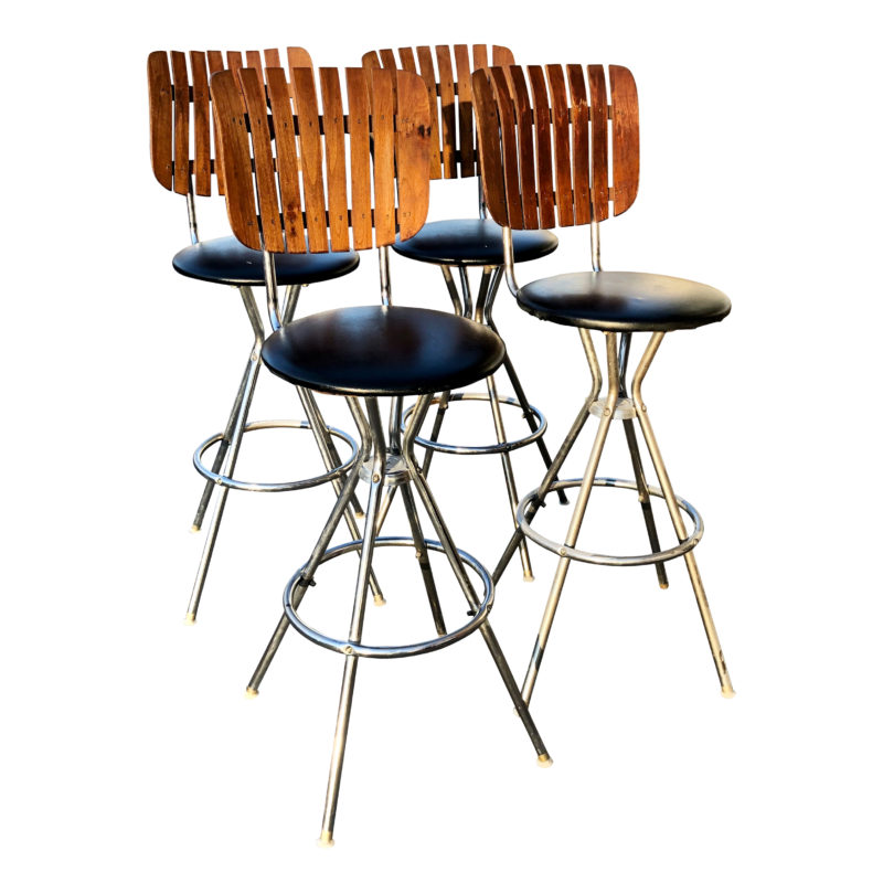 Mid Century Modern Umanoff Style Slat Back Swivel Bar Stools Set of 4