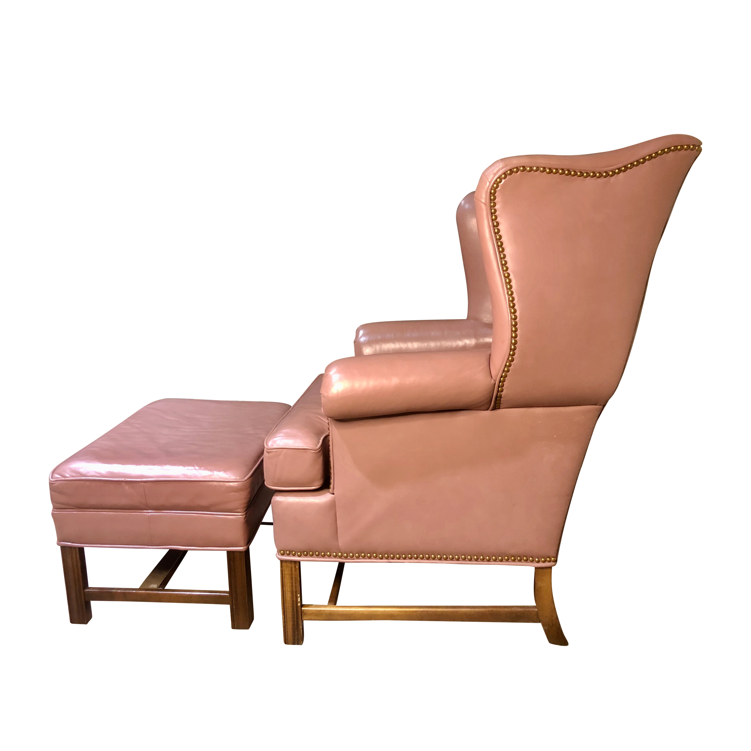 Vintage Top Grain Mauve Leather Wing Back Lounge Chair with Ottoman - Scranton Antiques