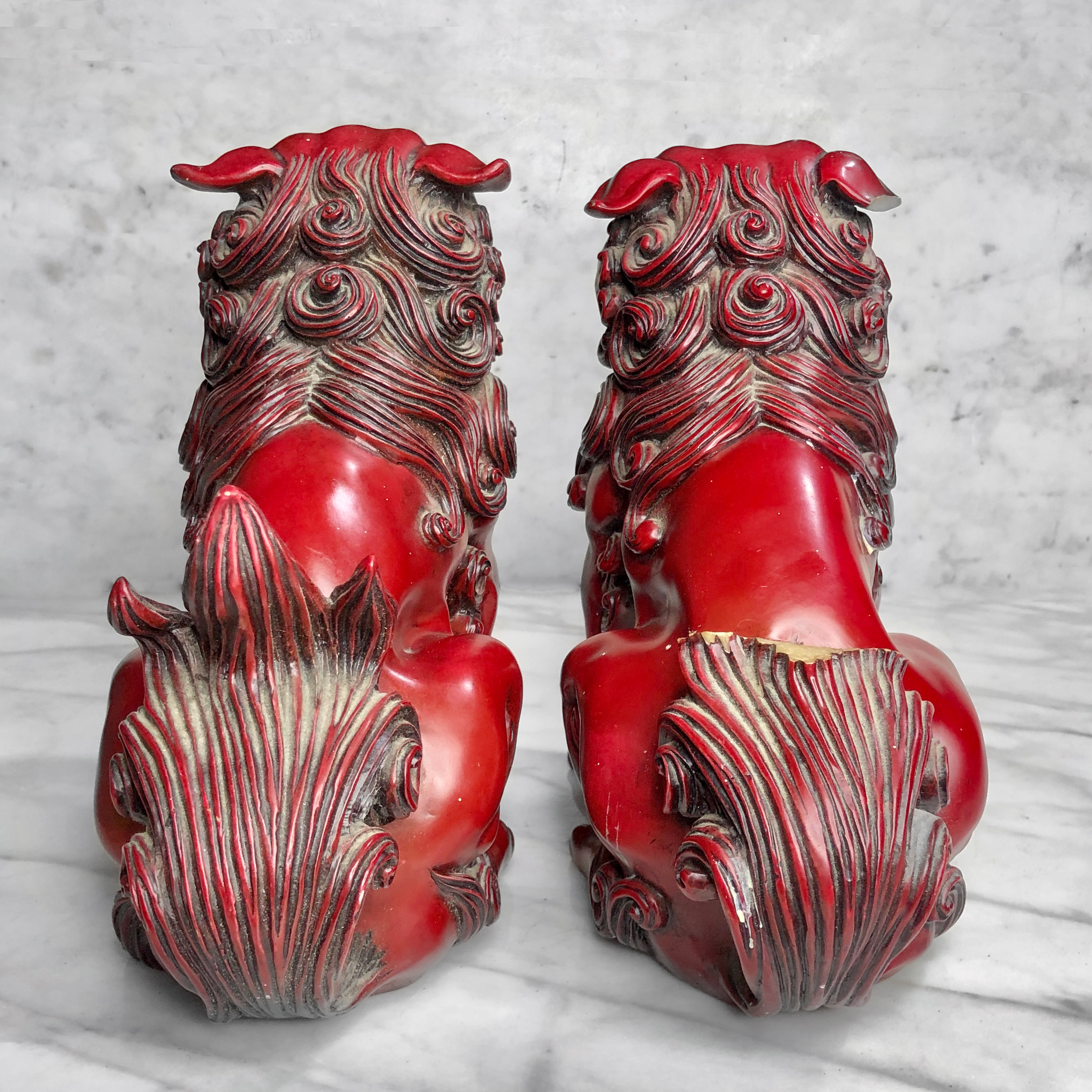 Vintage Pair of Red Lacquered Chinese Foo Dog Resin Statues - Scranton