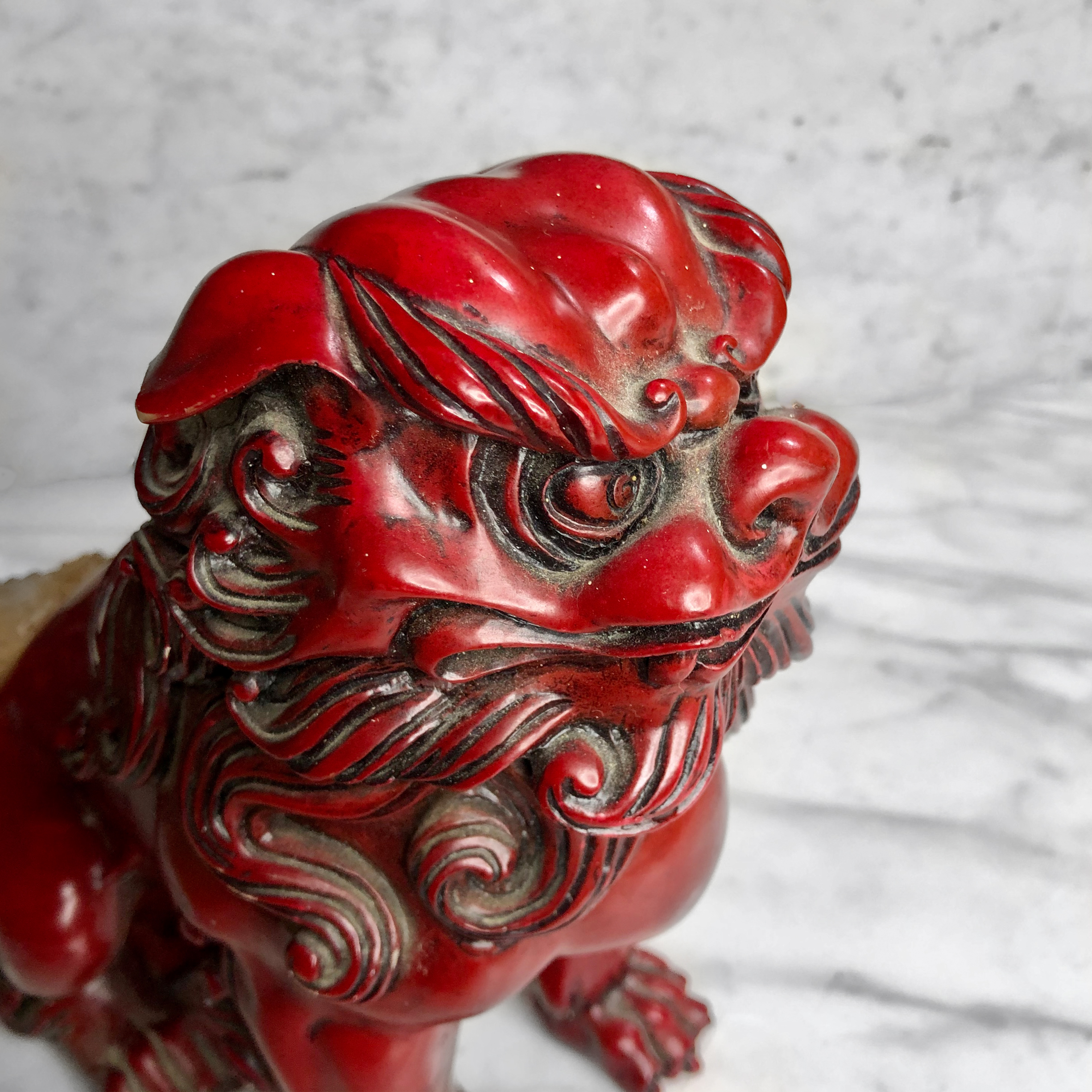 Vintage Pair of Red Lacquered Chinese Foo Dog Resin Statues - Scranton