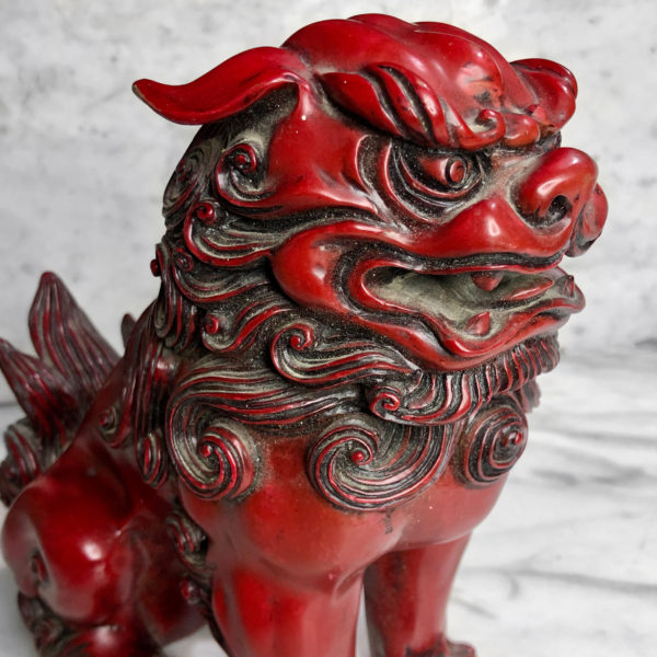 Vintage Pair of Red Lacquered Chinese Foo Dog Resin Statues - Scranton