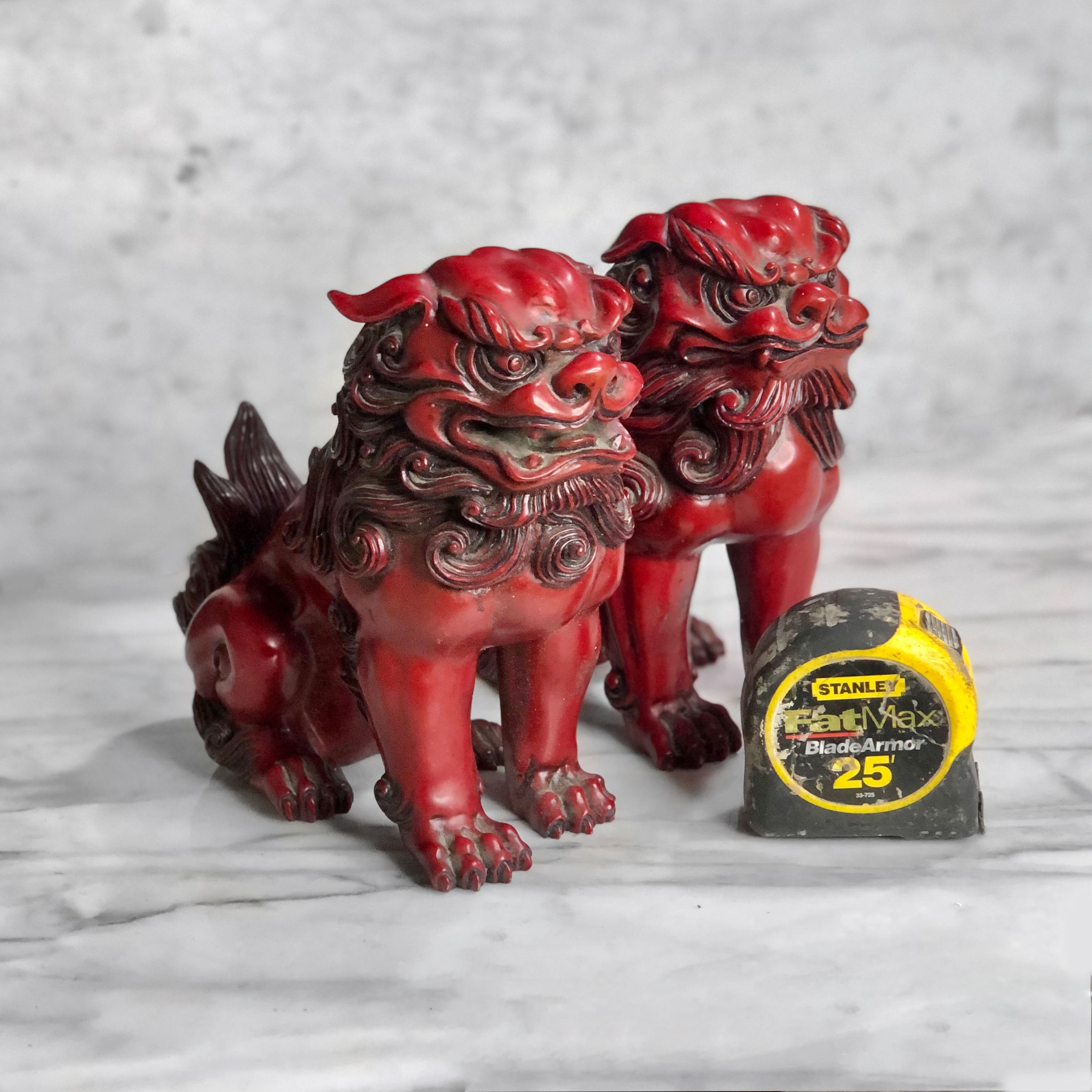 Vintage Pair of Red Lacquered Chinese Foo Dog Resin Statues - Scranton