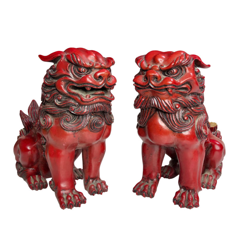 Vintage Pair of Red Lacquered Chinese Foo Dog Resin Statues - Scranton