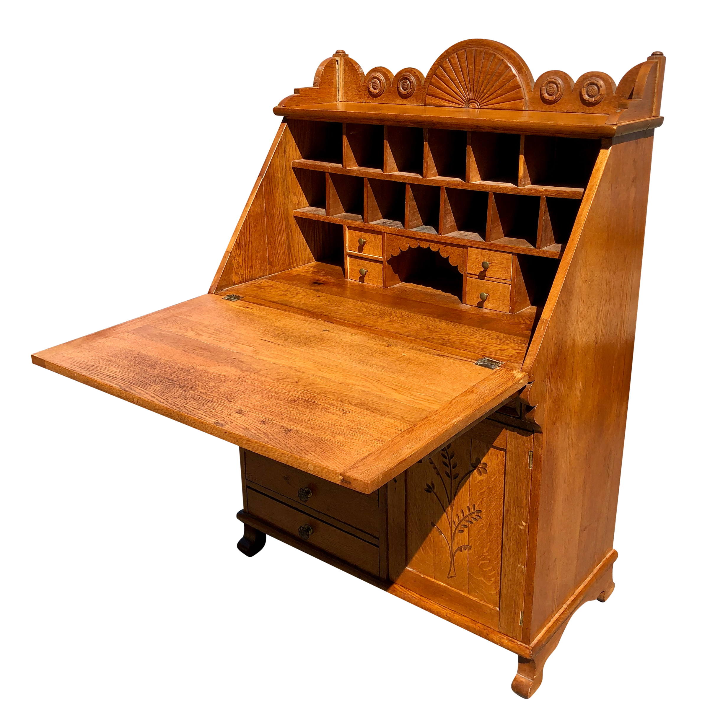 Antique Eastlake Victorian Carved Quartersawn Oak Farmhouse Drop Front Secretary Desk Scranton 9441