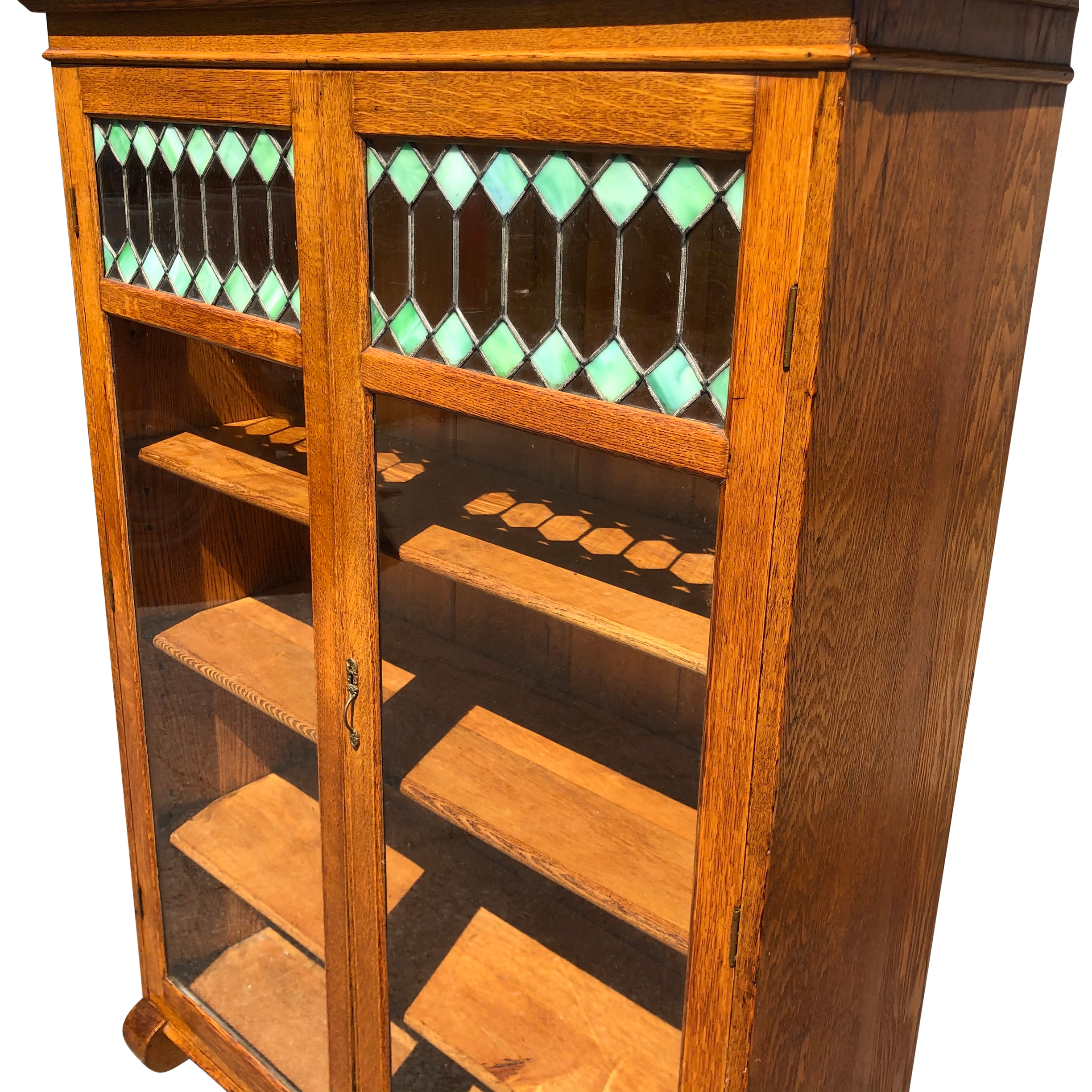 Details about   Antique Larkin Arts & Crafts Quartersawn Oak Blue & Green Stained Glass Bookcase 