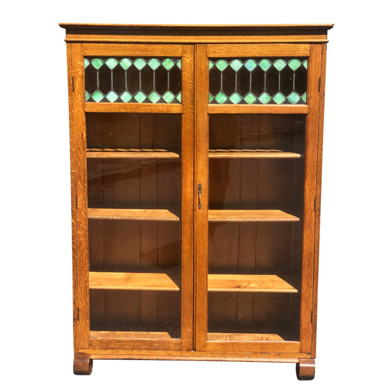 Antique Arts & Crafts Quartersawn Oak Green Stained Glass Bookcase by