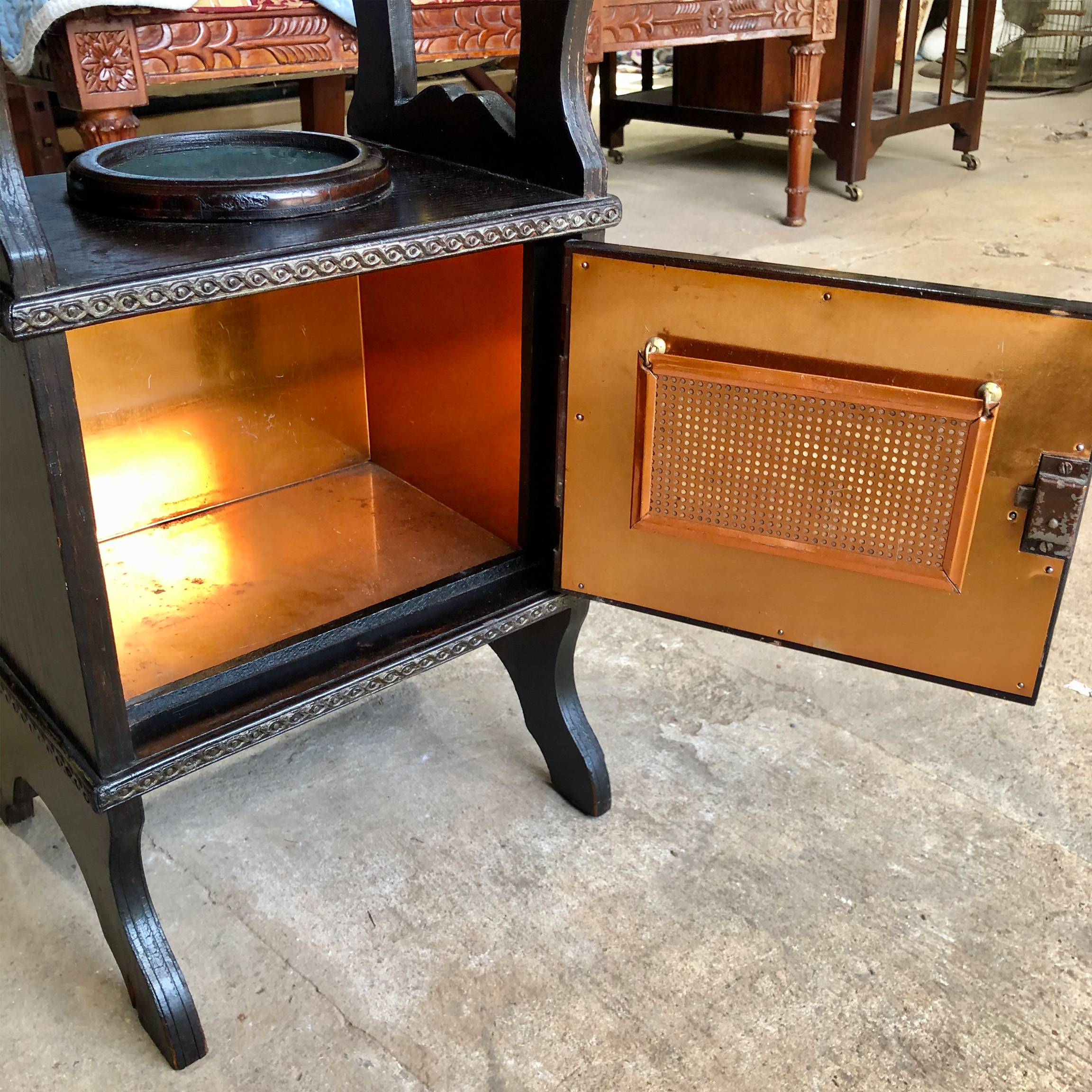 Antique Victorian Mahogany Ashtray Smoke Stand w/ Copper Lined Humidor