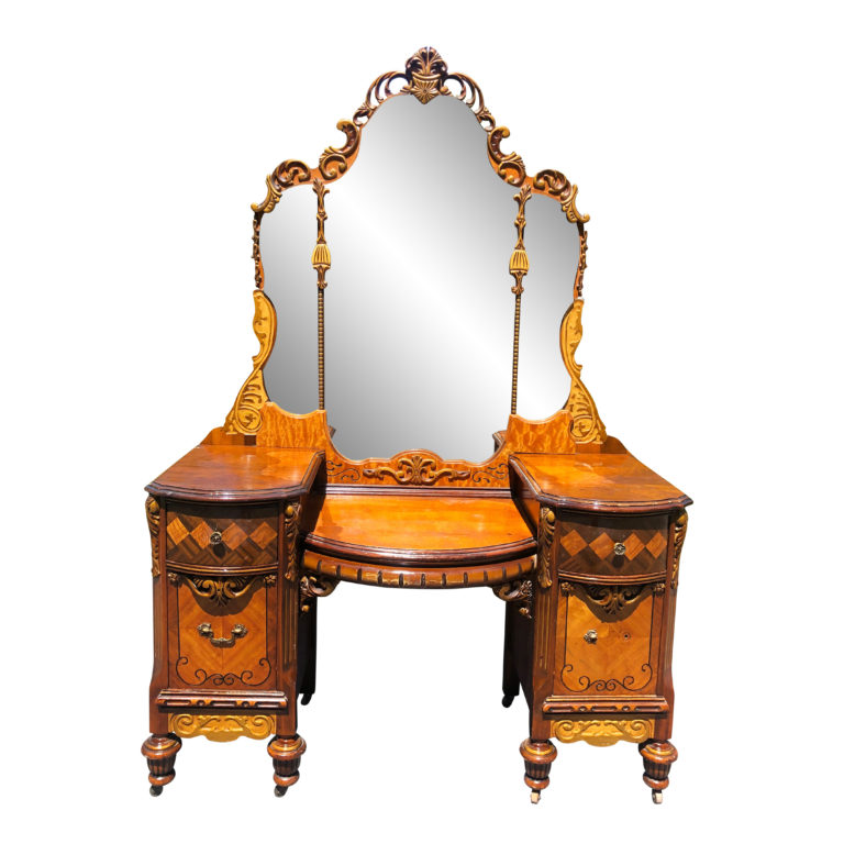 Antique Victorian Heavily Carved Burl Walnut Ladies Makeup Vanity w/ Mirror Scranton Antiques