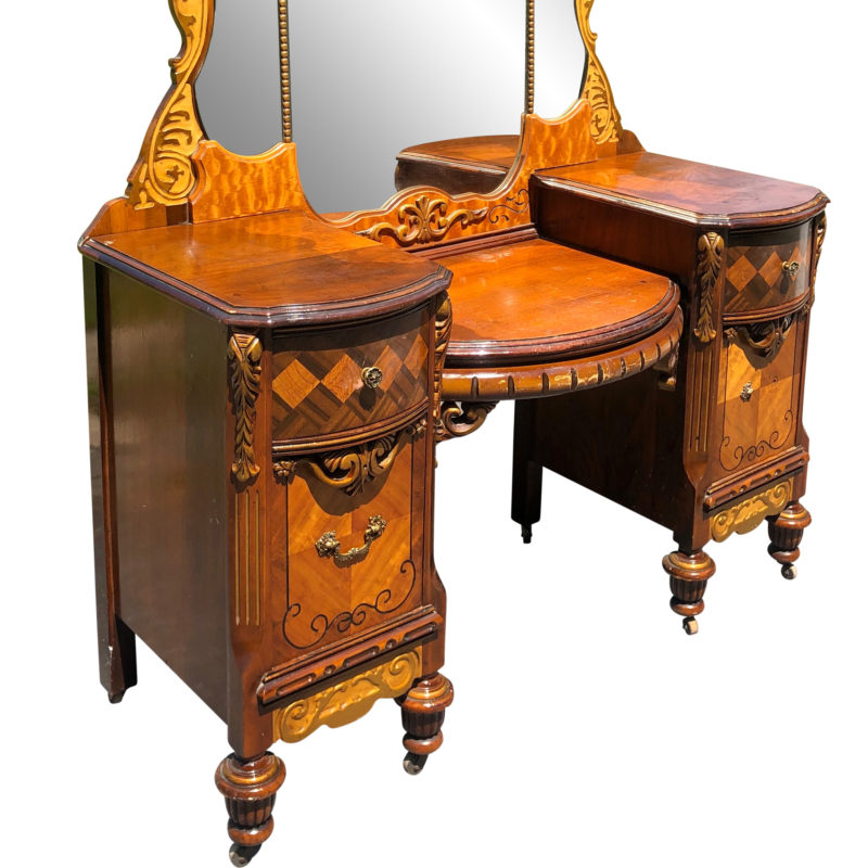 Antique Victorian Heavily Carved Burl Walnut Ladies Makeup Vanity w/ Mirror Scranton Antiques