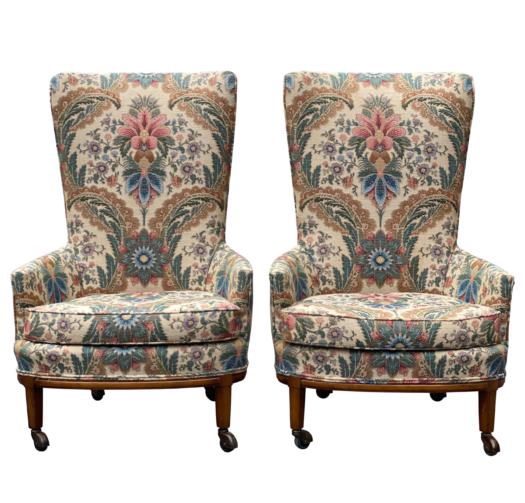 Vintage Boho Chic Floral Wing Back Accent Club Chairs – a Pair