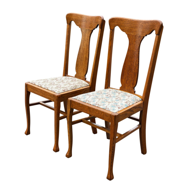 Antique Farmhouse Quartersawn Oak T Back Dining Chairs a Pair