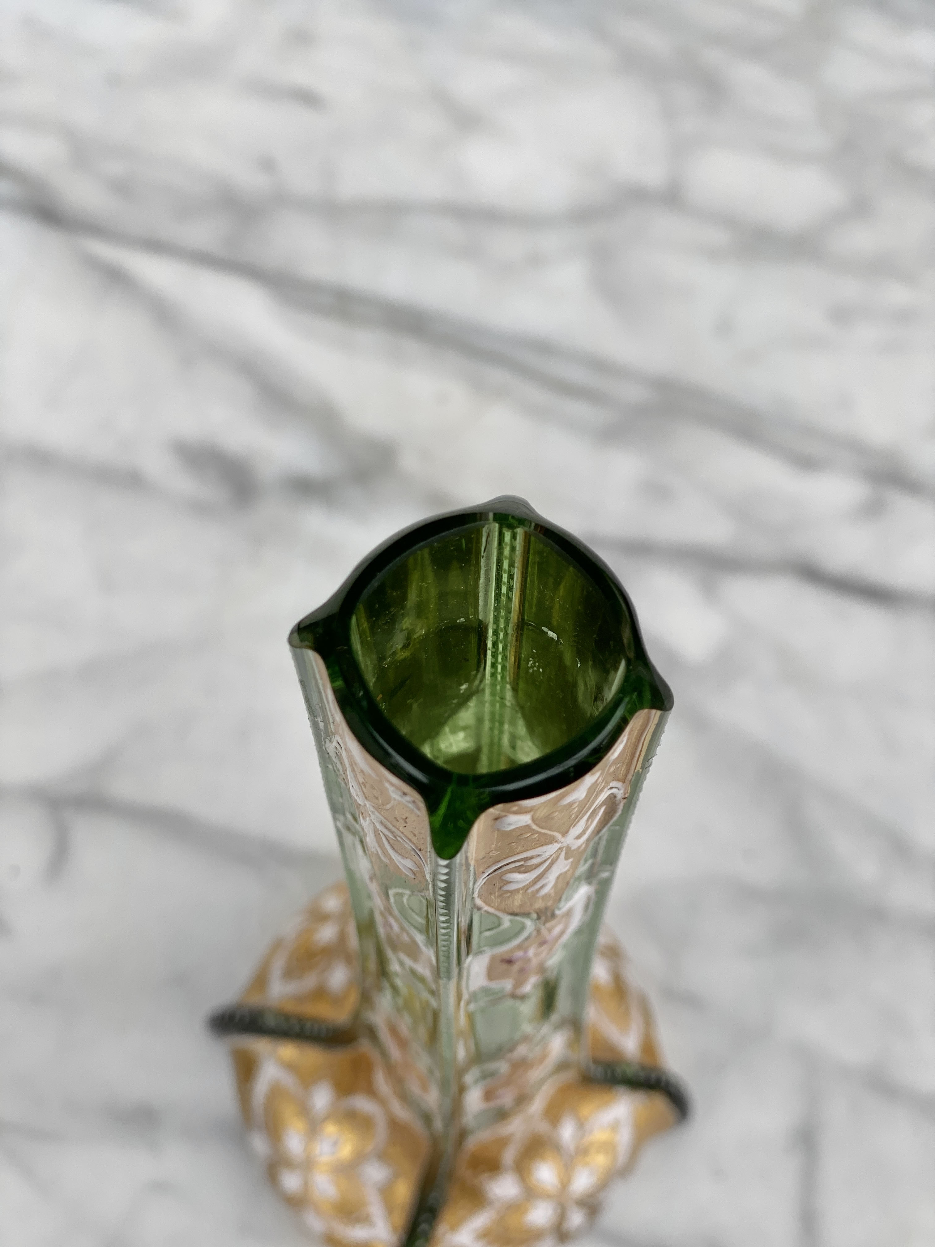 Vintage Bohemian Gilded Gold Emerald Green Glass Slender Bud Vase