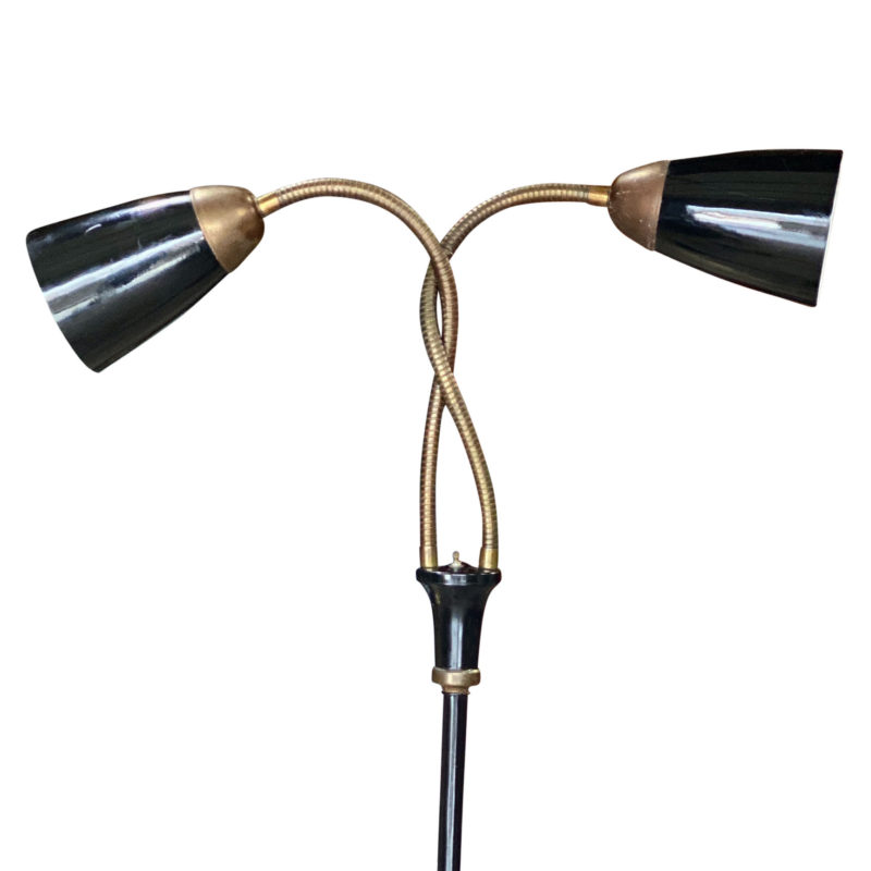 MidCentury Modern Black & Brass Double Gooseneck Floor Lamp Scranton Antiques