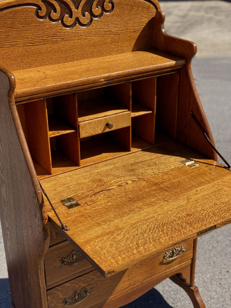Antique Victorian Quartersawn Oak Drop Front Secretary Writing Desk by