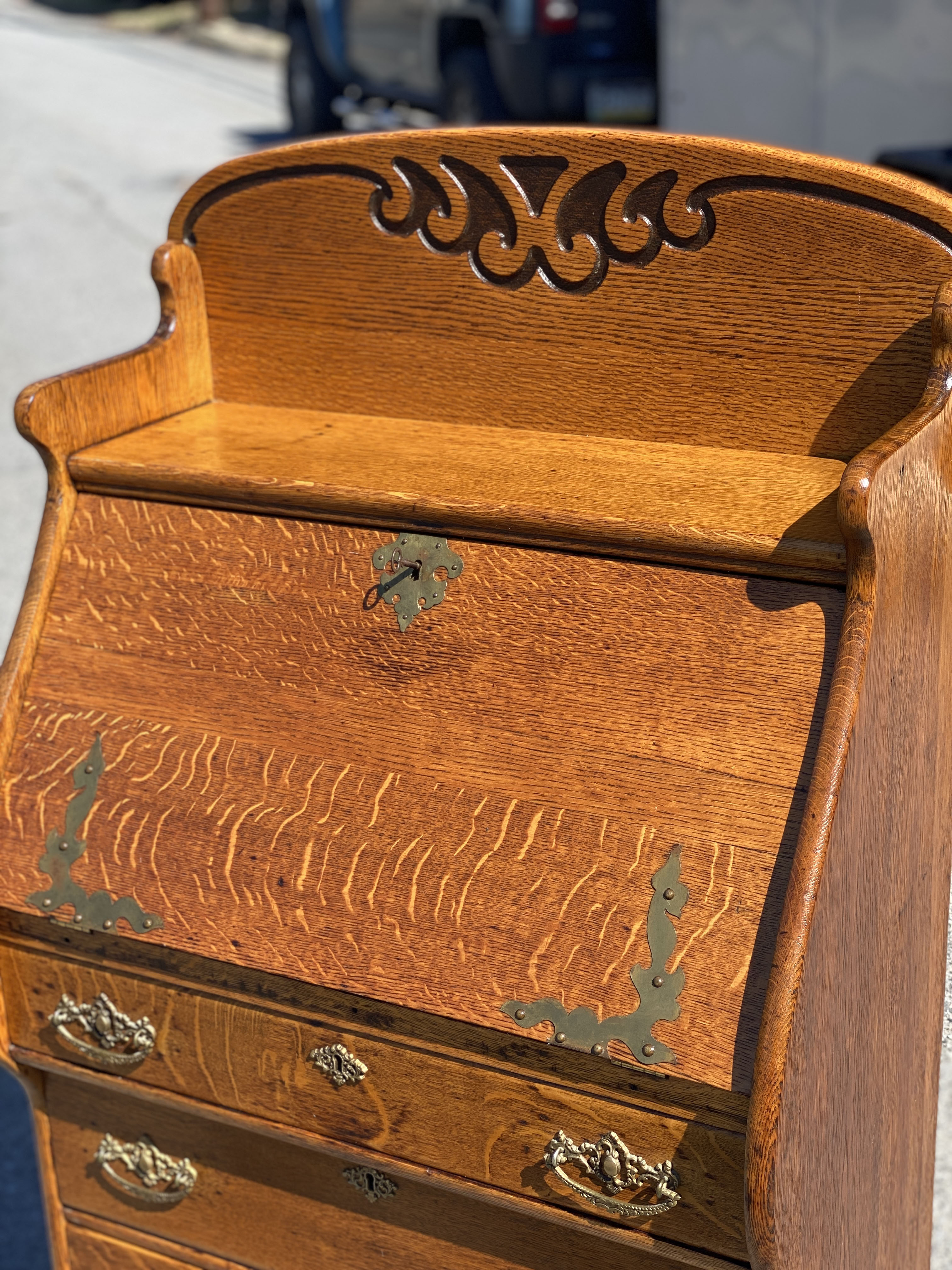 Antique Victorian Quartersawn Oak Drop Front Secretary Writing Desk By   4 28 