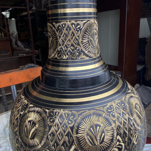 Vintage Large 3ft Etched Brass Black Lacquered India Floor Vase