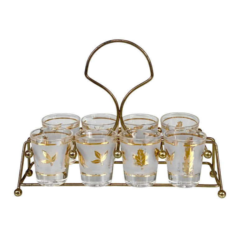 Mid-Century Golden Foliage Liquor Shot Glasses & Serving Caddy - Set of ...