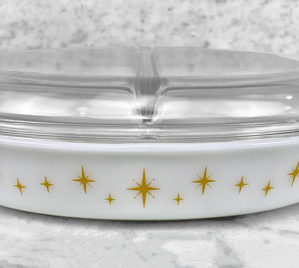 Pyrex Patterns Atomic Mid-Century Atomic Star Pyrex Lidded Divided Casserole Dish - Scranton ...