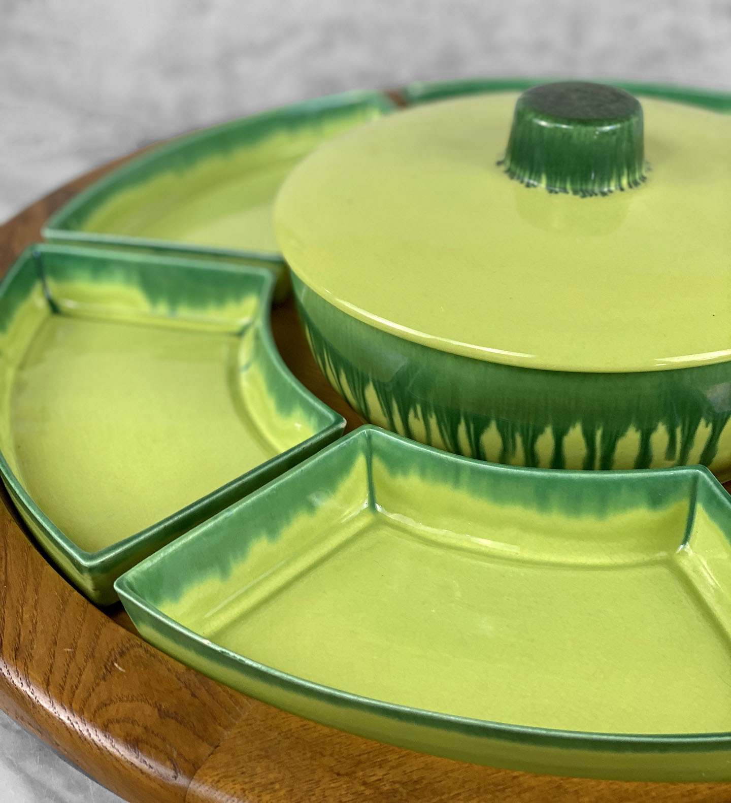Mid-Century Atomic California Pottery Green Drip Porcelain Lazy