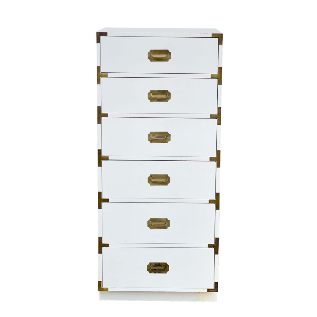 Vintage Hollywood Regency White & Gold Campaign Tall Lingerie Dresser Chest  of Drawers  Scranton Antiques