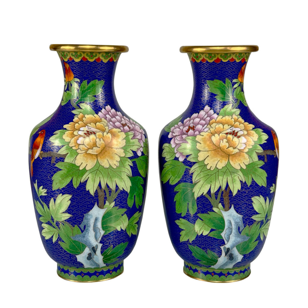 Vintage Chinese Blue Cloisonne Brass & Enamel Floral Vase - A Pair ...