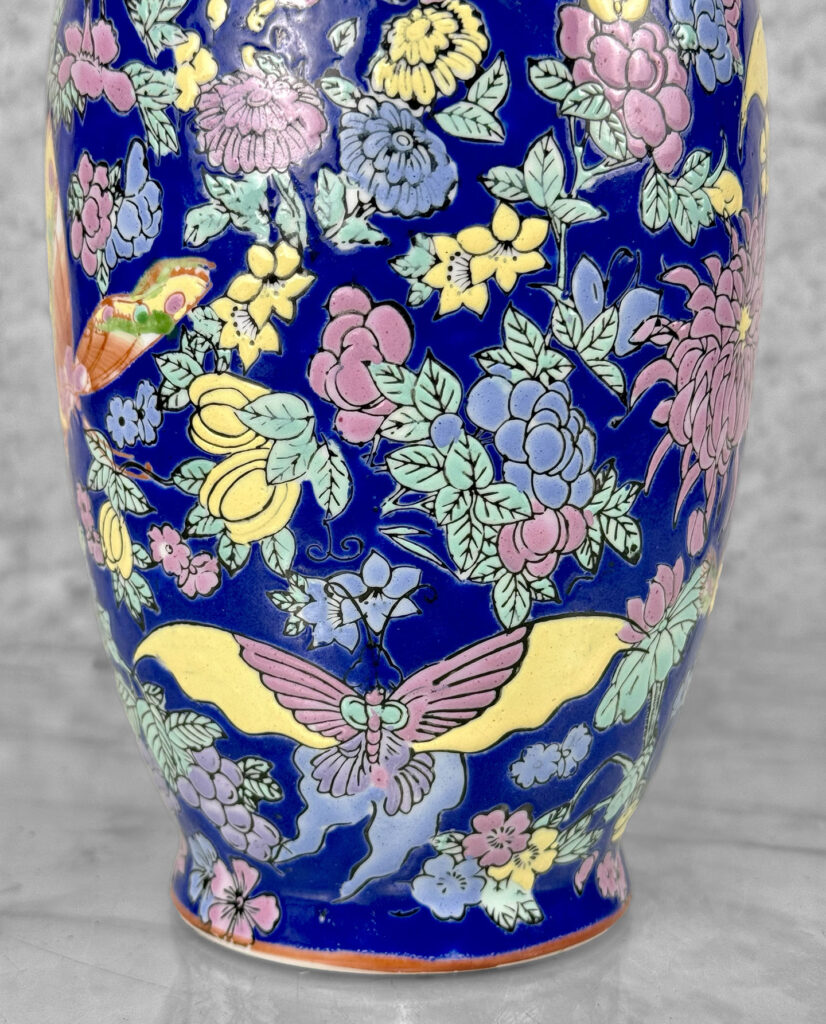 Vintage Chinese Porcelain & Enamel Blue Floral Butterfly Motif Vase ...