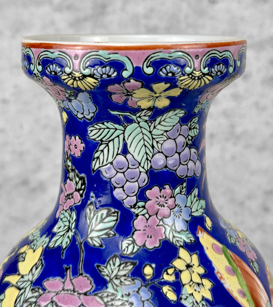 Vintage Chinese Porcelain & Enamel Blue Floral Butterfly Motif Vase ...