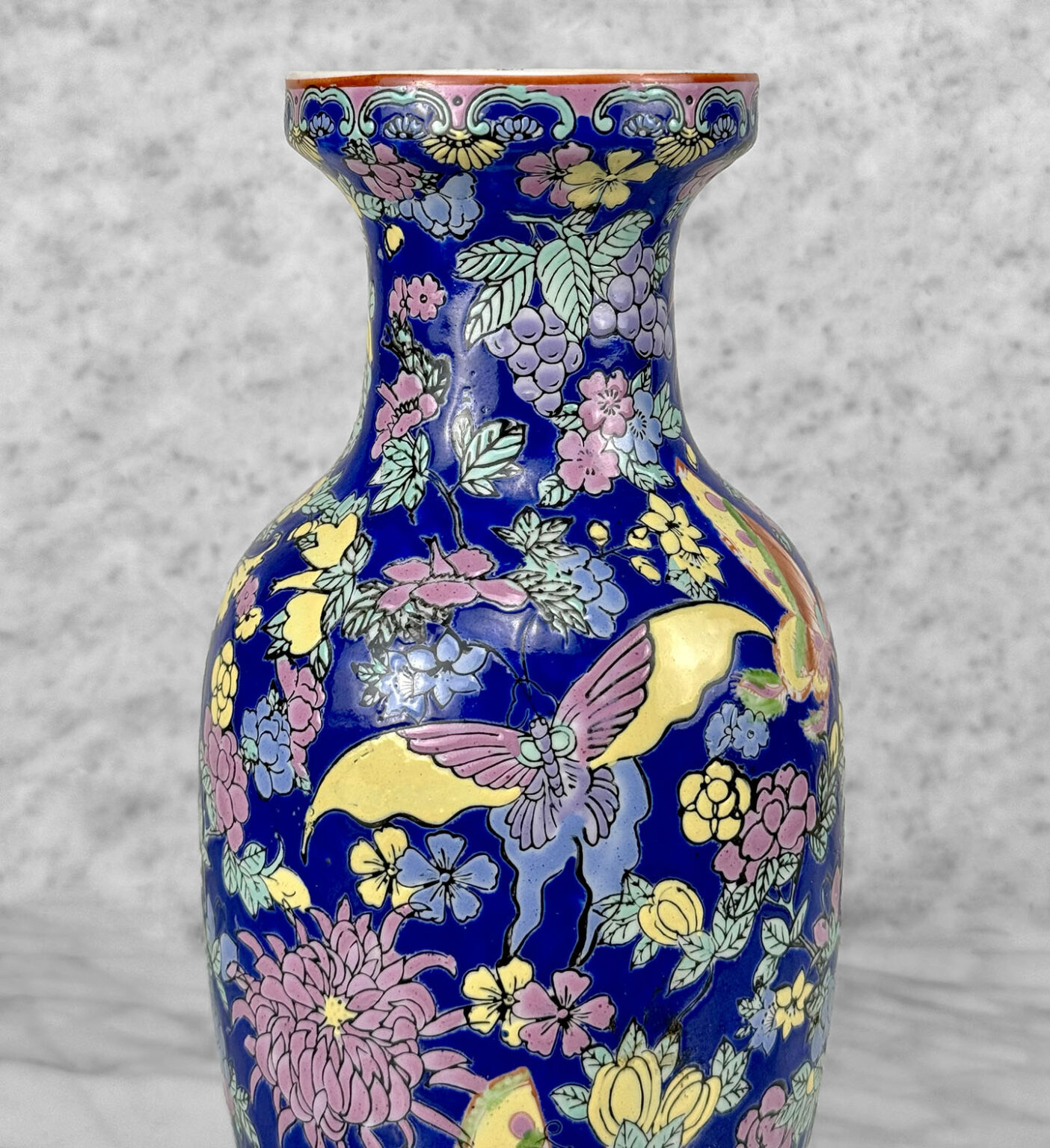 Vintage Chinese Porcelain & Enamel Blue Floral Butterfly Motif Vase ...