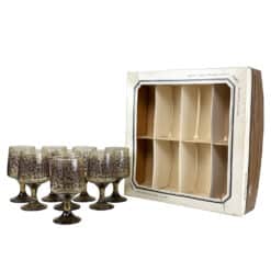 Mid-Century Smoked Glass Charleston Foliage Stem Goblet Glass - Set of 8