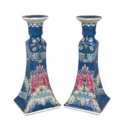 Vintage Chinese Chinoiserie Blue Floral Porcelain Candlestick Holders - A Pair