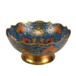 Vintage Middle Eastern Brass & Enamel Peacock Centerpiece Footed Bowl