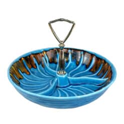 Mid-Century California Pottery Blue Divided Centerpiece Serving Bowl w/ Handle