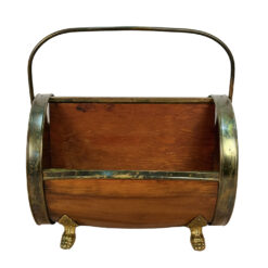 Vintage Wooden Barrel & Copper Magazine Rack Record Stand w/ Lion Paw Feet