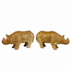 Vintage Teak African Rhino Carved Sculpture - A Pair