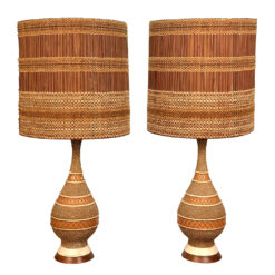 Mid-Century Boho Terracotta Chalkware Table Lamps w/ Maria Kipp Woven Shades