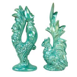 Mid-Century Farmhouse Rooster & Chicken Turquoise Glazed Porcelain Sculpture - A Pair