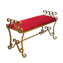 Vintage Hollywood Regency Scrolled Gold & Red Wrought Iron Vanity Window Bench