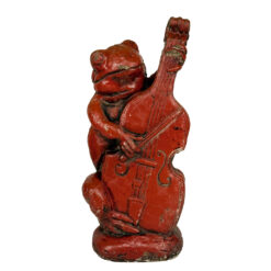 Vintage Concrete Outdoor Garden Frog Playing a Cello Red Sculpture