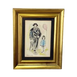 Vintage 1976 Jewish Rabbi & Girl w/ Balloon Signed Watercolor Painting